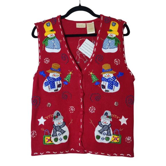 NWT Deadstock Ugly Christmas Sweater Vest Red Small Beaded Snowman Bobbie Brooks - Picture 1 of 11